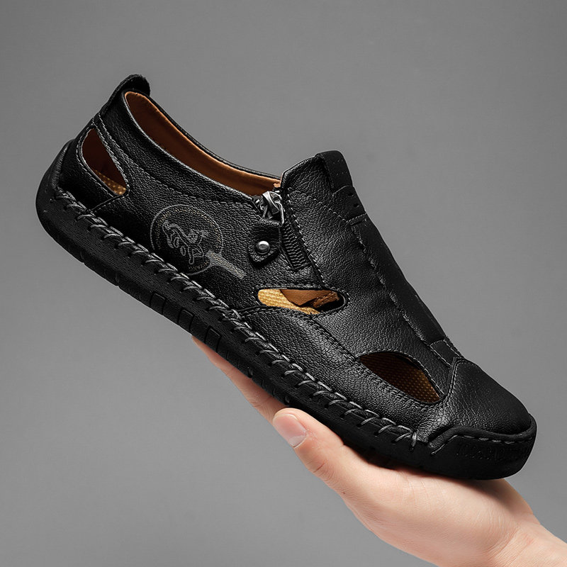 男士真皮包头凉鞋镂空软底洞洞鞋透气一脚蹬凉皮鞋防滑休闲沙滩鞋,流行男鞋,休闲凉鞋,淘宝优惠券,粉丝福利购,淘宝优惠卷