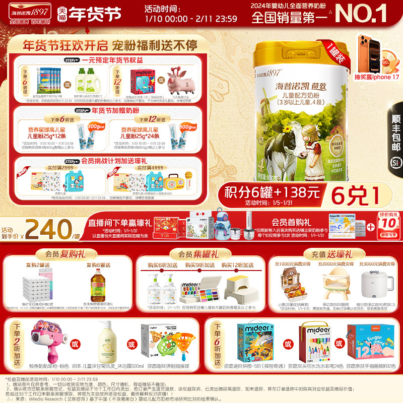 品牌官旗】海普诺凯1897荷致学龄前儿童成长HMO配方奶粉4段800g*1,婴童奶粉,儿童奶粉（4段）,淘宝优惠券,粉丝福利购,淘宝优惠卷