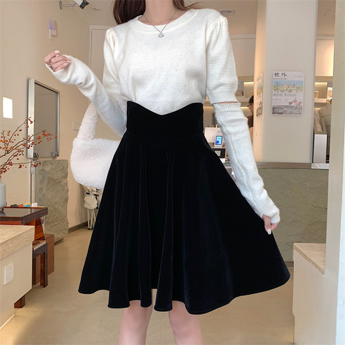 丝绒高腰半身裙收腰A字中长款