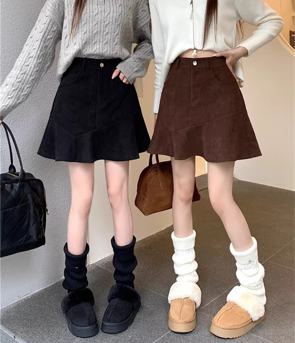 梨形身材鱼尾裙高腰灯芯绒半身裙