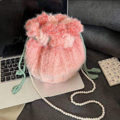 渐变玫瑰花包包毛线手工编织diy材料包水桶束口斜挎包送闺蜜女友