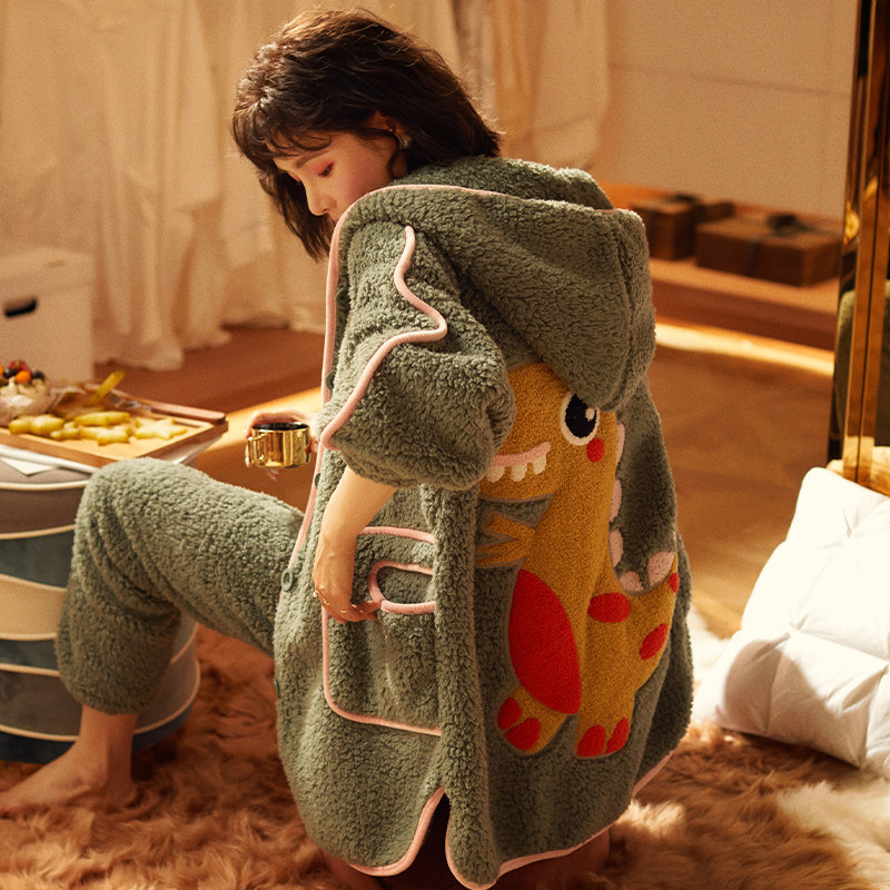 2020新款睡衣女珊瑚绒秋冬款卡通可爱恐龙加厚加绒羊羔绒保暖冬季