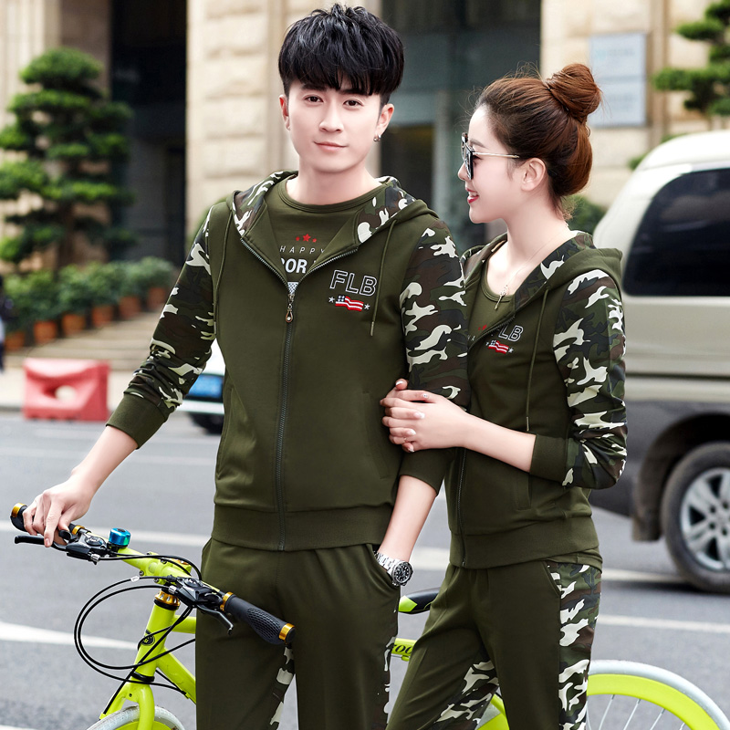 2018春秋新款情侣运动服套装修身迷彩连帽卫