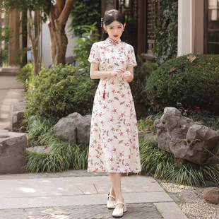 素雅印花旗袍2024春夏复古民国风优雅气质年轻款奥黛A摆连衣裙