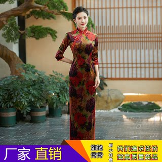 旗袍新款2023新款秋装喜妈妈婚宴礼服年轻款端气质中长袖连衣裙