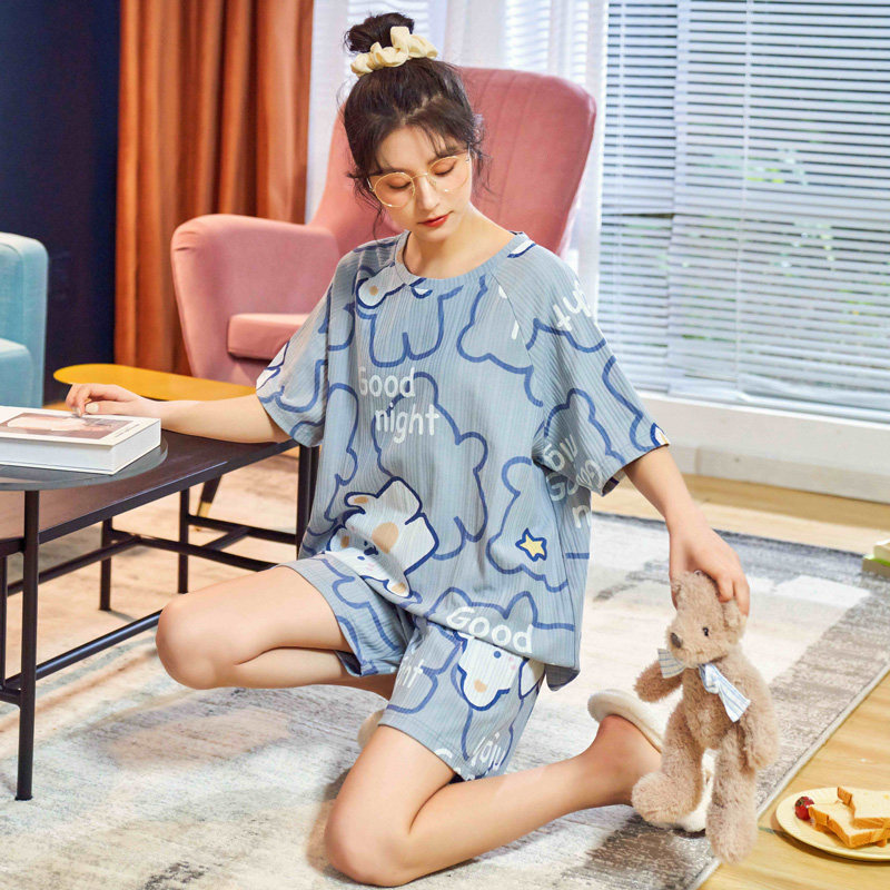 睡衣女士夏季纯棉短袖短裤家居服夏天薄款全棉可爱加大码两件套装
