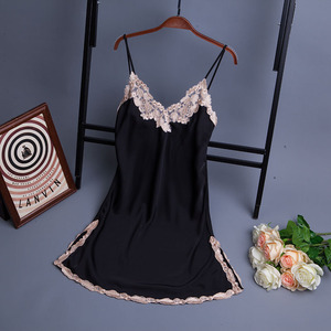 吊带睡裙女夏修身薄款情趣冰丝绸刺绣蕾丝花边黑色性感睡衣家居服