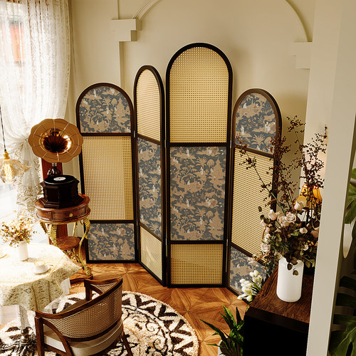 实木屏风隔断藤编客厅入户法式复古酒店餐厅沙发背景墙可移动折叠