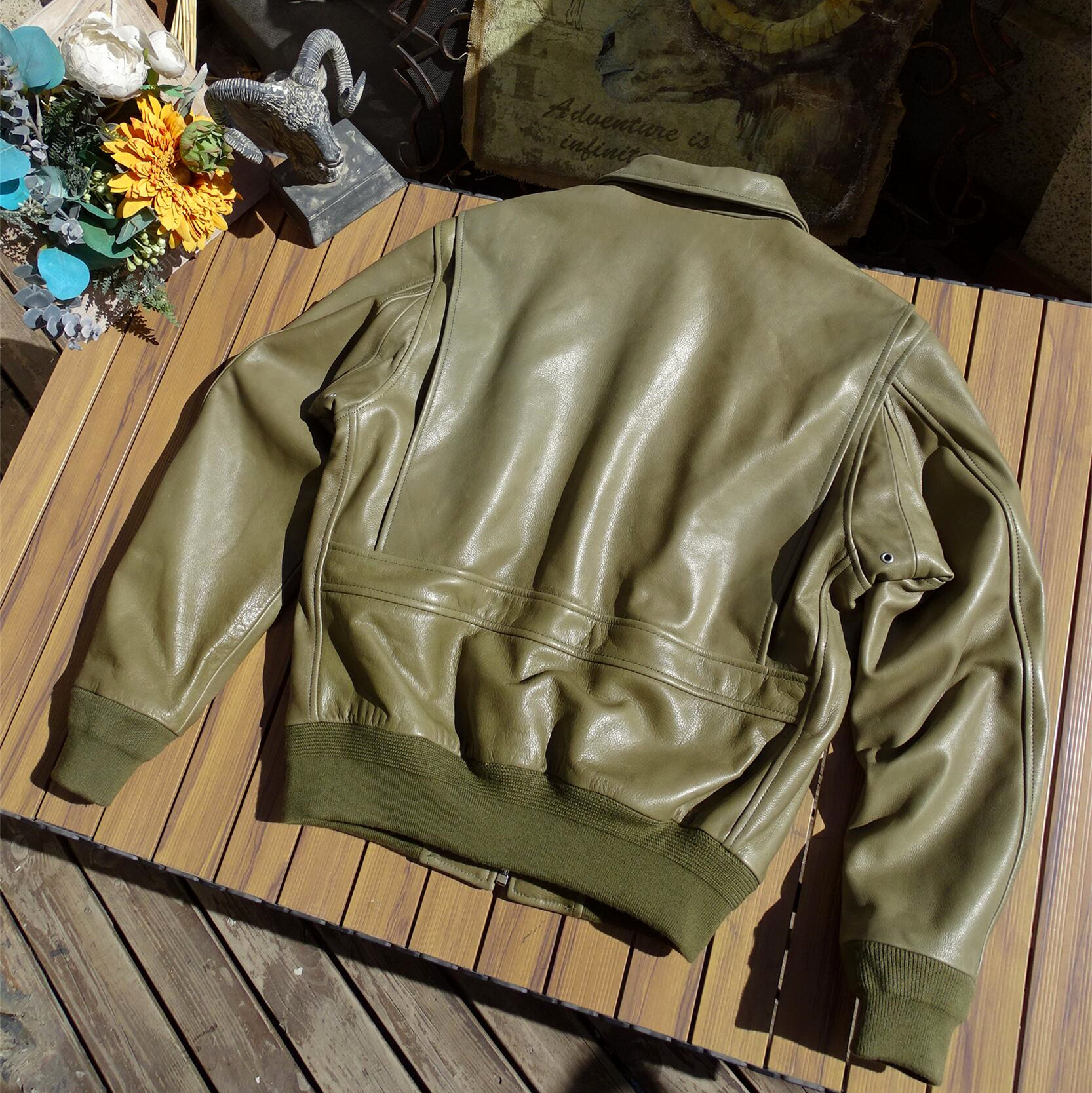 软糯垂坠【美产无涂水染小牛皮】橄榄绿色空皮夹克