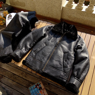 重水洗做皱软轻薄型羊羔毛原生态羊皮毛一体保暖美式复古男真皮衣