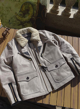 仅165件美式复古军事风蜡染古旧牛皮羊毛领飞行服夹棉真皮皮衣男