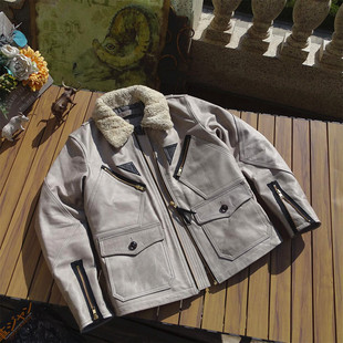 仅165件美式复古军事风蜡染古旧牛皮羊毛领飞行服夹棉真皮皮衣男