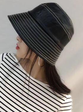 头层绵羊皮撞色明线渔夫帽可折叠