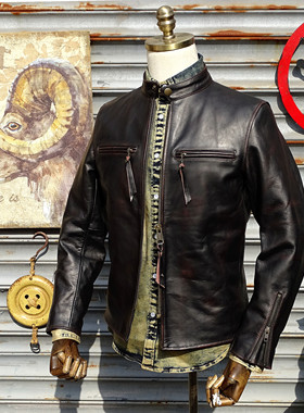 J100茶芯马皮【天花板级】立领修身头层马皮手工做旧真皮皮衣男