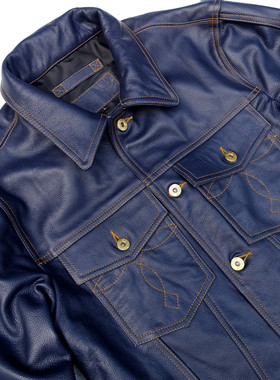 风暴骑士刺绣袋花牛仔蓝色荔枝纹头层牛皮男真皮皮衣夹克通勤外套