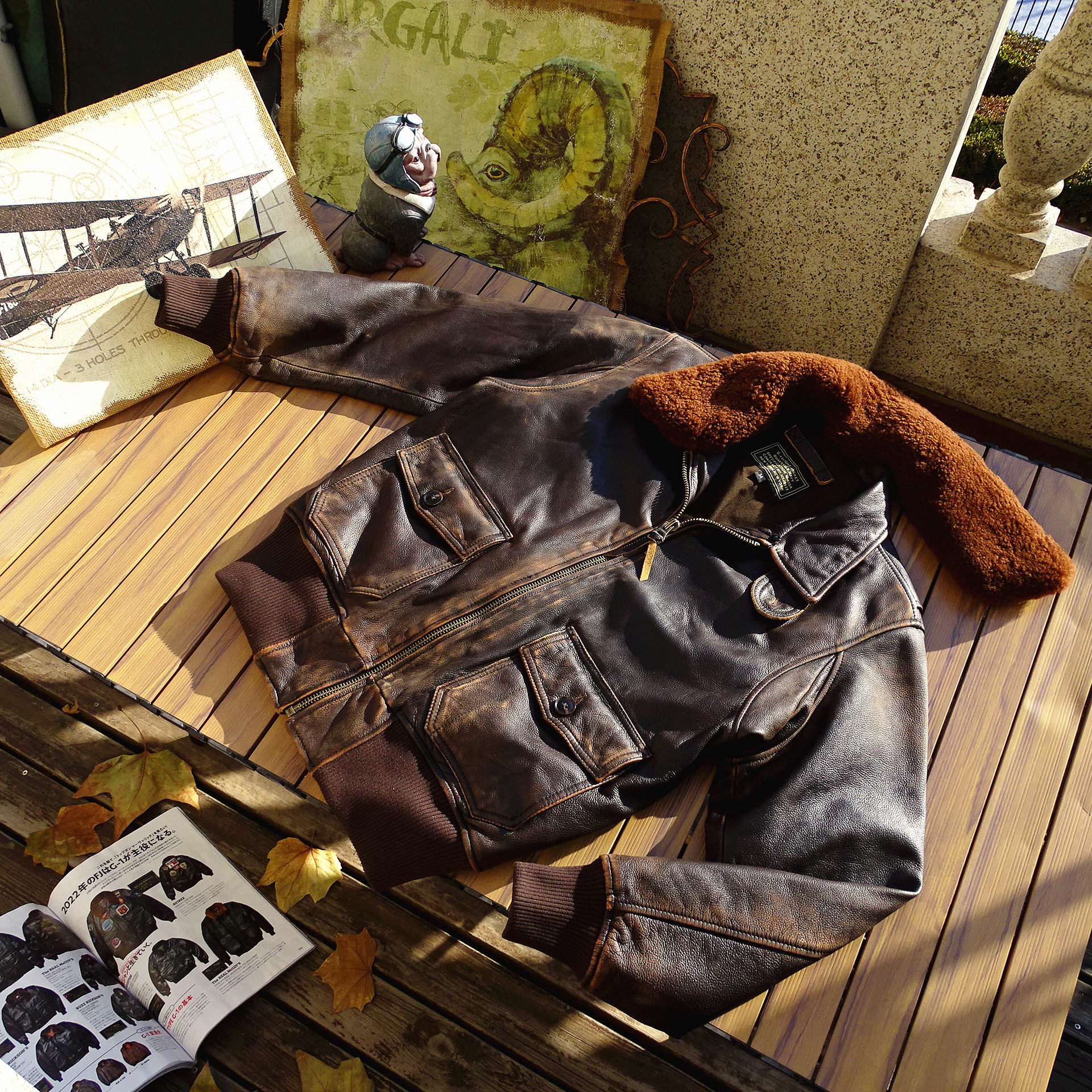 G1 复仇者空军飞行服可拆卸羊毛领重水洗做旧茶心牛皮真皮衣男女