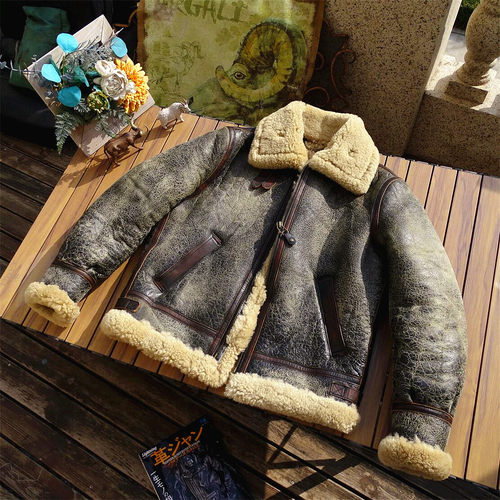重度水洗手工做旧超厚大龟裂皮毛一体美式复古皮衣B6御寒真皮皮衣