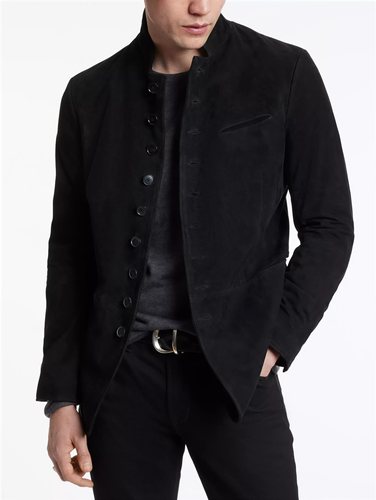 多纽扣造型领西装真皮皮衣