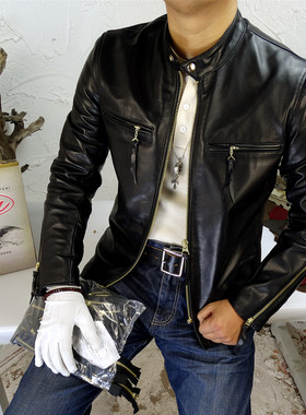 J100无涂蜡染马皮短款立领修身机车皮衣男士真皮骑行皮夹克
