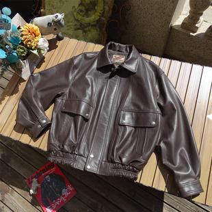 中性复古 棕色进口绵羊皮大廓型情侣真皮皮衣 男女通穿