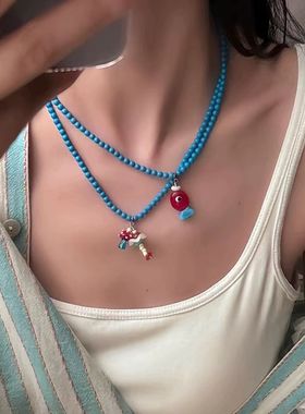 区区欧阳红小鱼蘑菇蓝色串珠项链