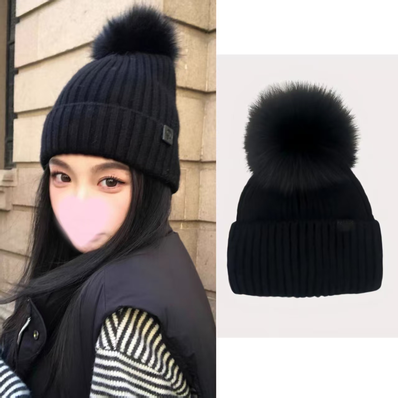 欧阳同款针织狐狸毛球毛线帽女秋冬保暖护耳冷帽休闲百搭包头帽潮