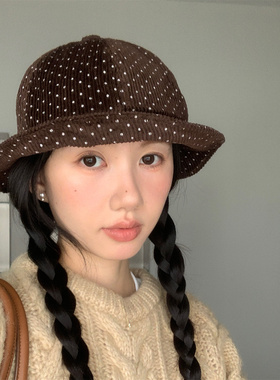 可爱小波点复古灯芯绒渔夫帽百搭