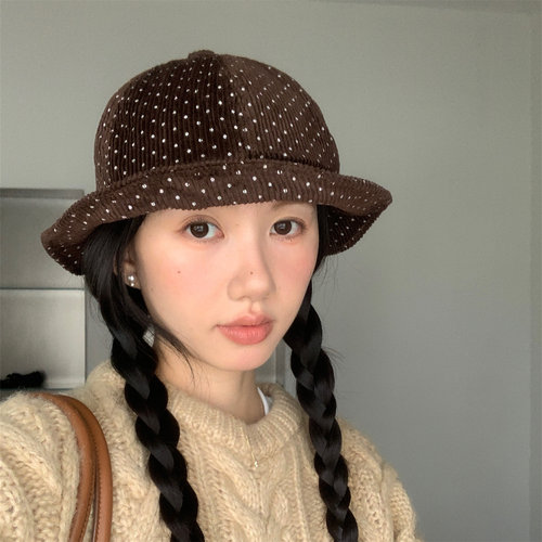 可爱小波点复古灯芯绒渔夫帽百搭