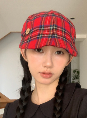 浪漫苏格兰复古红格子软顶前进帽