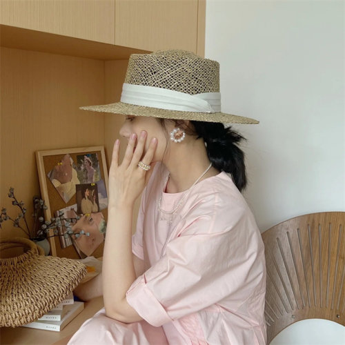 浪漫法式穿搭镂空透气平檐草帽女