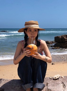 【那就海边度假吧】夏季出游镂空平顶草帽网红拍照凹造型遮阳帽潮