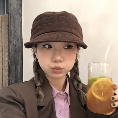 【古早搭配】麂皮绒褶皱设计平顶马术帽复古百搭宽帽檐显脸小帽子