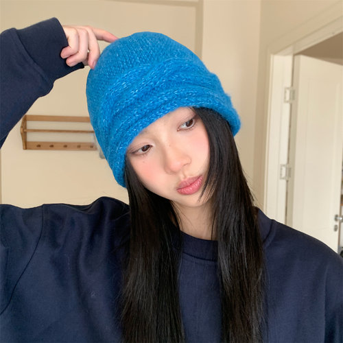 出片蓝色麻花针织毛线帽保暖护耳