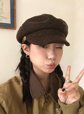 定制金扣毛呢小众平顶报童帽韩！