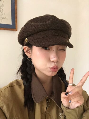 定制金扣毛呢小众平顶报童帽韩！