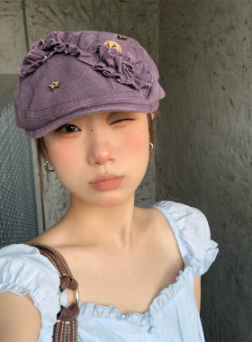 复古紫色褶皱花边纽扣前进帽软顶