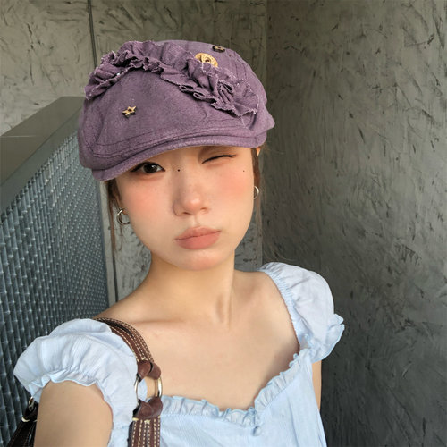 复古紫色褶皱花边纽扣前进帽软顶
