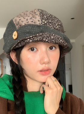古早碎花感拼接软顶云朵帽气质潮