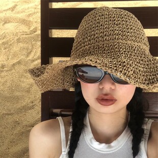 【海风的味道】简约大帽檐镂空草编渔夫帽海边度假可折叠沙滩帽潮