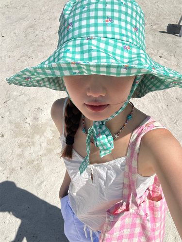 夏日薄荷漫波绿色格子花朵渔夫帽
