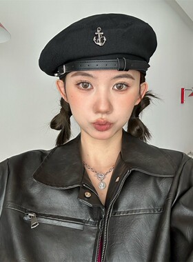 酷A机能风皮扣贝雷帽棕色画家帽