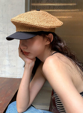 时尚拼接草编八角帽女夏季出游潮