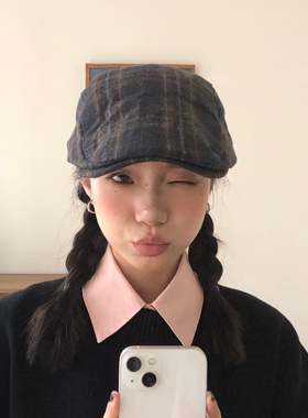 古着前进帽复古毛呢棕色鸭嘴帽潮