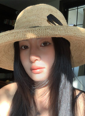 海边度假大帽檐蝴蝶结拉菲草帽女