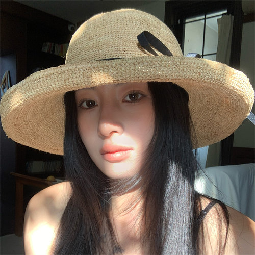 海边度假大帽檐蝴蝶结拉菲草帽女