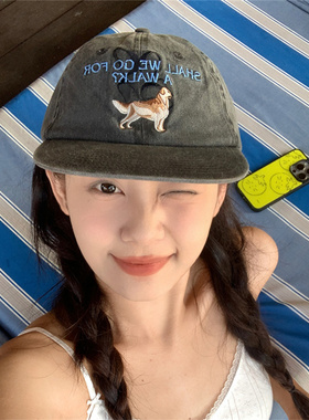 【美式小狗】小众设计水洗做旧黑灰色平檐帽ins博主同款软顶帽子