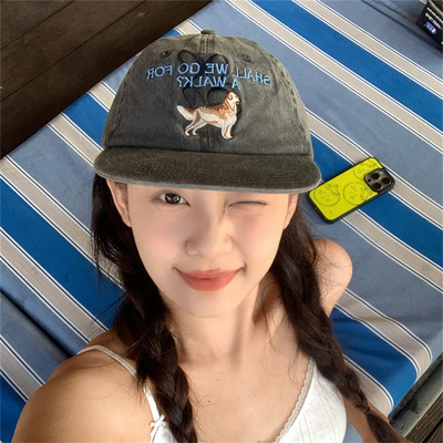 美式小狗刺绣黑灰色平檐帽软顶潮