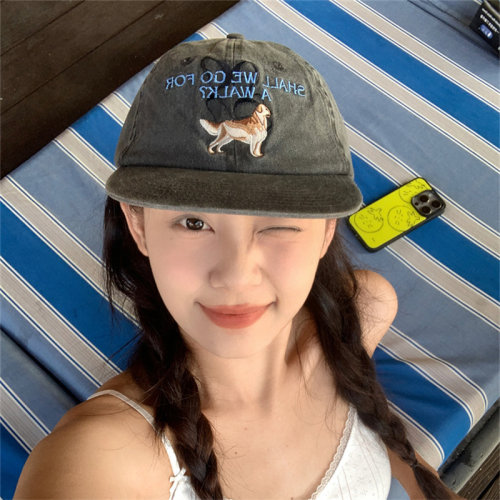 美式小狗刺绣黑灰色平檐帽软顶潮
