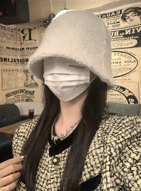 白色兔毛水桶帽冬天显脸小遮脸帽