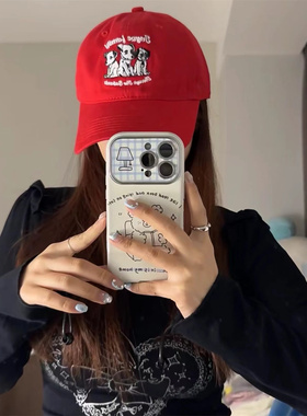 可爱狗狗刺绣鸭舌帽大红色遮阳帽